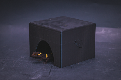 Small black PETG gecko cave hide with Cave Gecko emerging from entrance