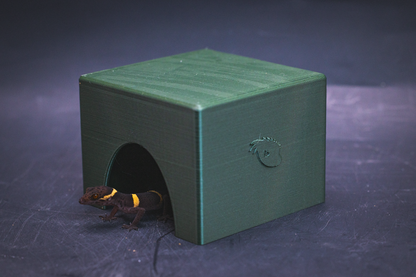 Small green PETG gecko cave hide with Cave Gecko emerging from entrance