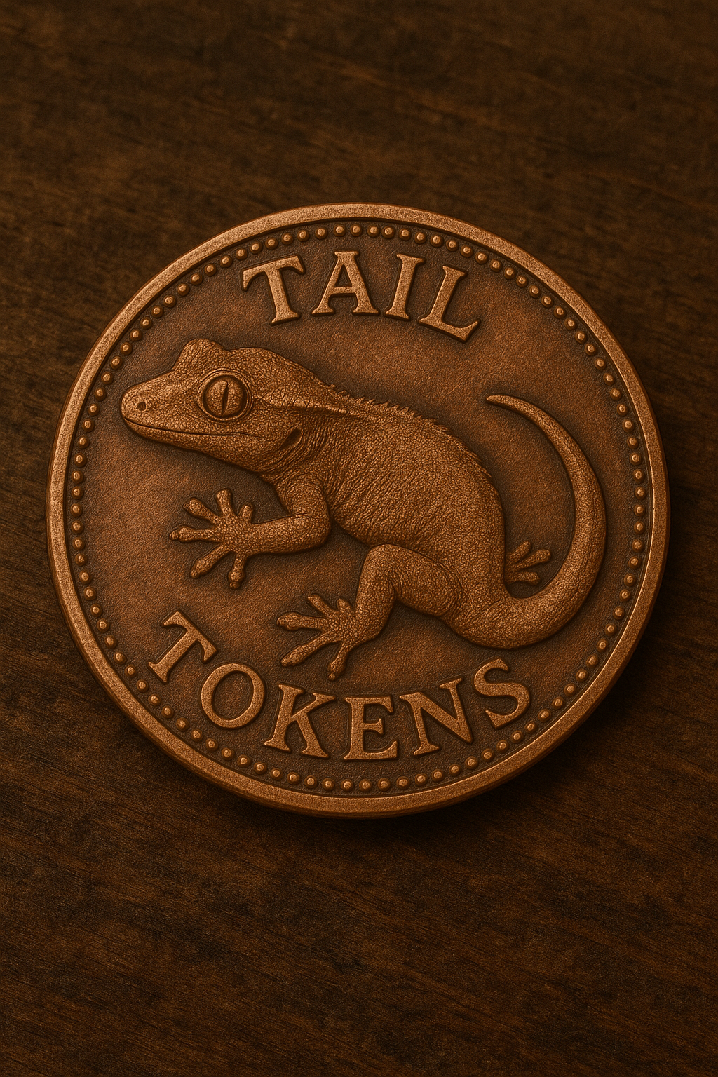 Bronze coin with a lizard design and 'Tail Tokens' text on a brown background