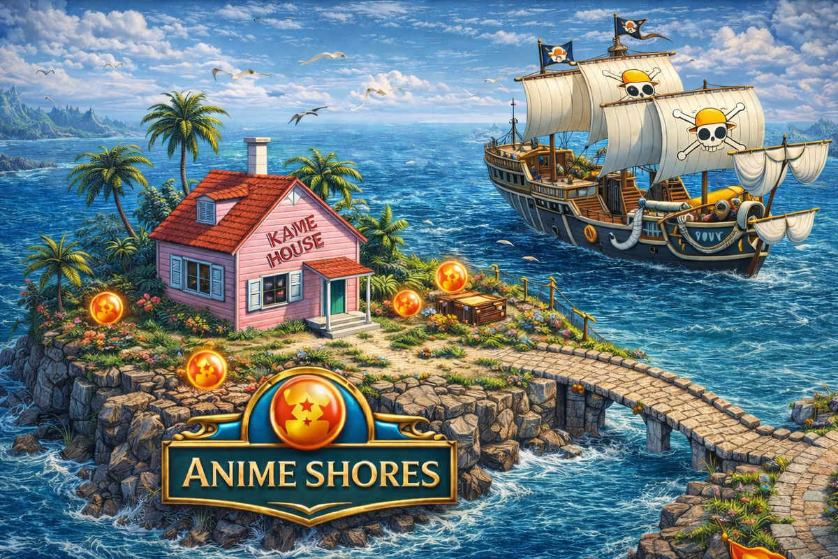 Island with a house, pirate ship, and 'Anime Shores' logo in the ocean