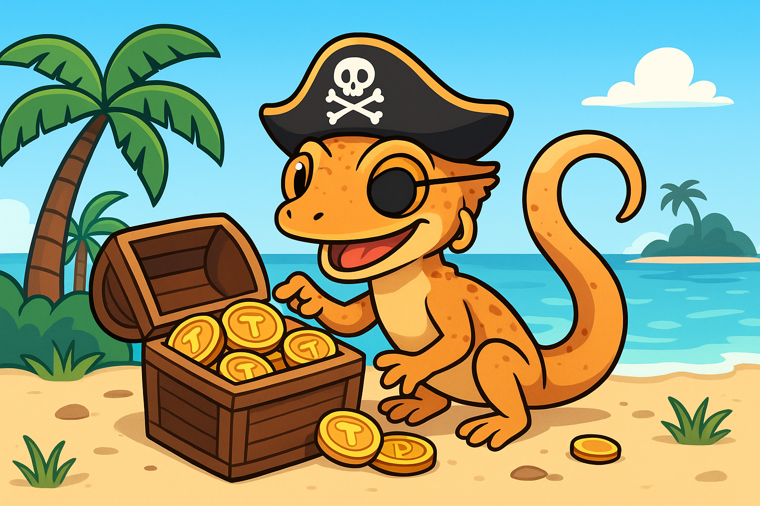 Cartoon lizard in a pirate hat with a treasure chest on a beach